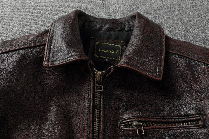 2025 New 1930s-Style Heavy Wash Leather Jacket for Men - Stone-Aged Vintage Distressed Full-Grain Cowhide Biker Coat