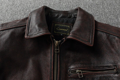 2025 New 1930s-Style Heavy Wash Leather Jacket for Men - Stone-Aged Vintage Distressed Full-Grain Cowhide Biker Coat