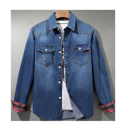 Denim Shirt Men Cotton Jeans Shirt Fashion Autumn Slim Long Sleeve Cowboy Shirt Stylish Wash Slim Tops Asian Size 4XL