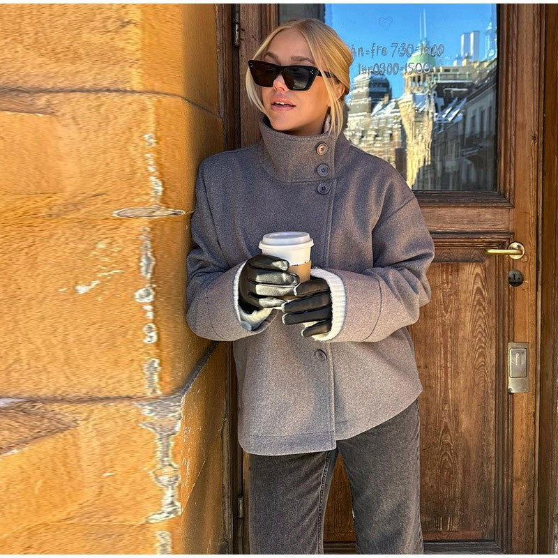 Elegant Stand Collar Woolen Jacket For Women Y2K Single Breasted Button Pockets Coat Lady 2025 Autumn Winter Street Chic Outwear