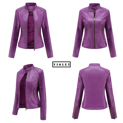 Red Women's PU Jacket, Vertical Collar Zipper Motorcycle Leather Coats,  Fashion Casual Coat Female Outerwear, Black Purple Top.