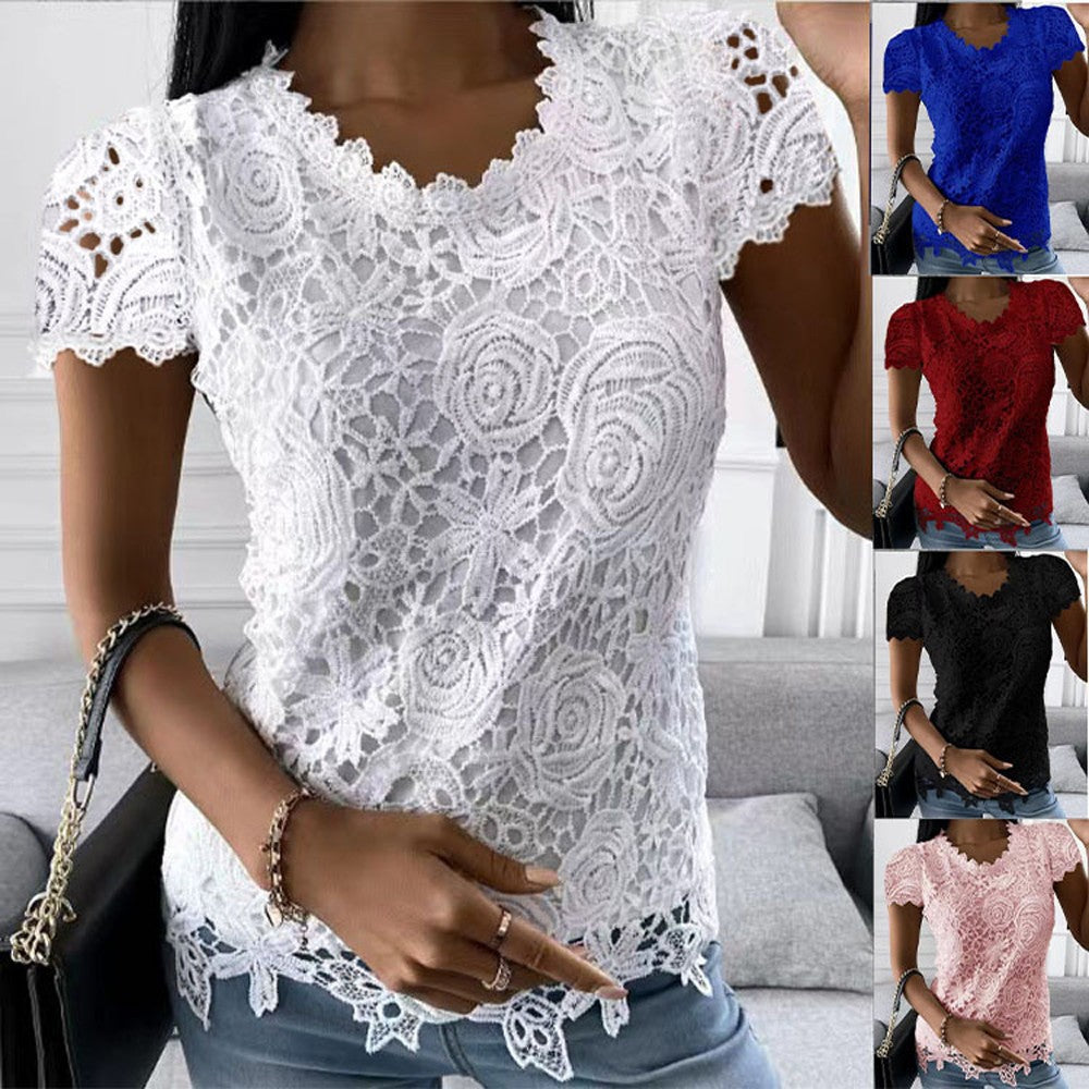 Women Lace Blouse Tops Summer V Neck Short Sleeve Lace Patchwork OL Blouse Shirts LRFZ-9911