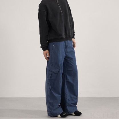 KSTUN 2025 Men Washed Vintage Cargo Pants 100% Cotton Loose Fit Oversize Multi-Pockets Trousers Blue Male Casual Scimitar Pants