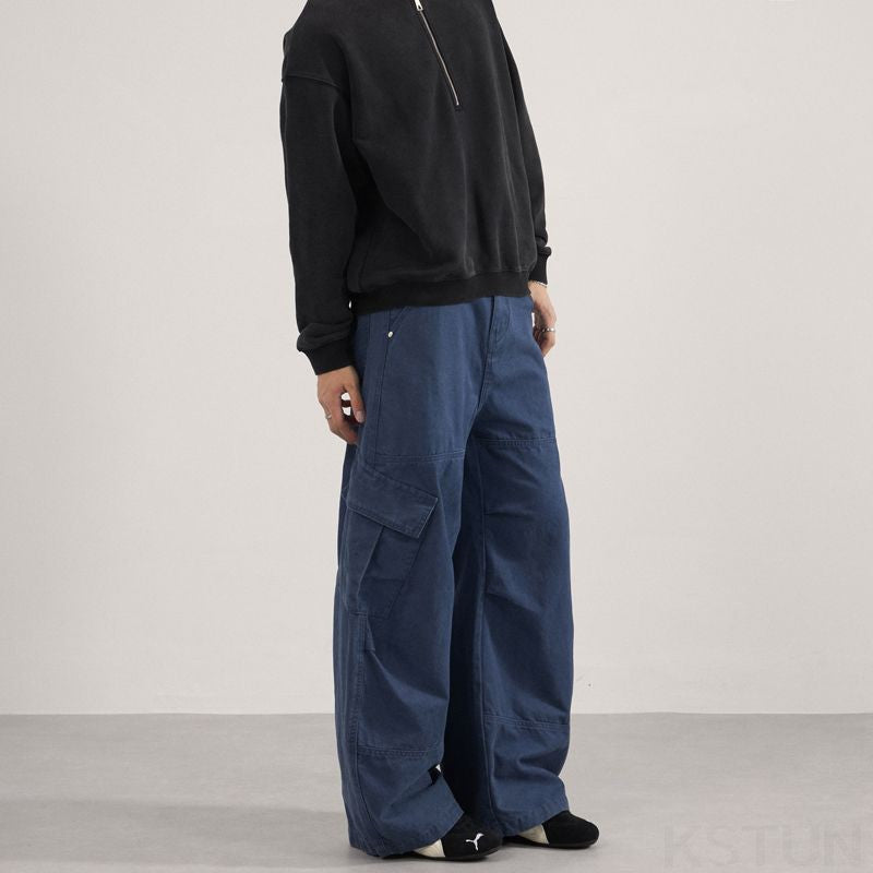 KSTUN 2025 Men Washed Vintage Cargo Pants 100% Cotton Loose Fit Oversize Multi-Pockets Trousers Blue Male Casual Scimitar Pants