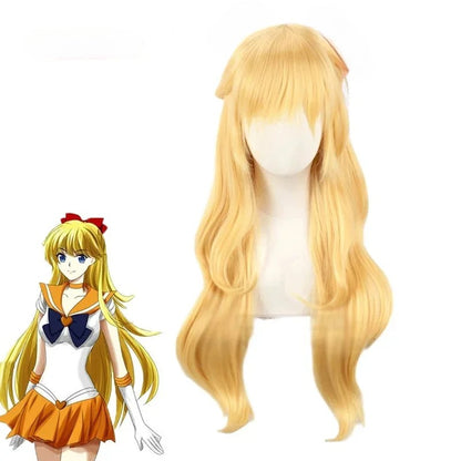 Perucas WHIMSICAL W Anime Sailor Venus Cosplay Sailor Minako Aino Loiras Longas Onduladas Frouxas Resistentes ao Calor Sintéticas