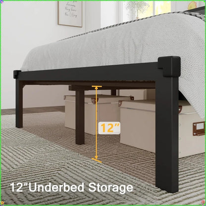 Estrutura de Cama Queen de Metal Cinza Escuro, Cabeceira Estofada e 30cm de Armazenamento sob a Cama - Plataforma sem Ruído