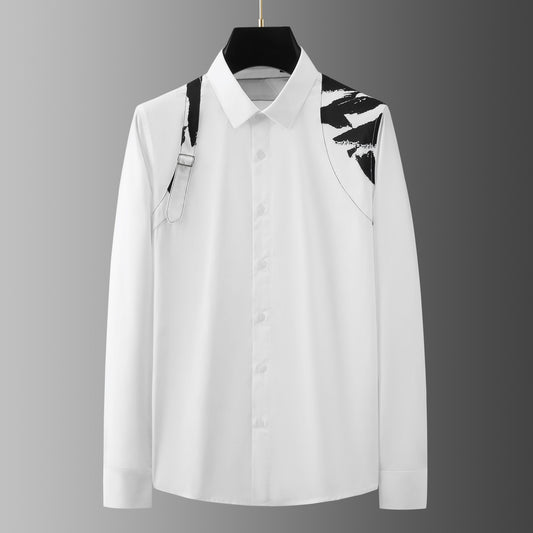 Metal Buckle Camouflage Shoulder Strap Splicing Shirt for Men High End Casual Business Men's Shirt Long Sleeve Social Streetwear