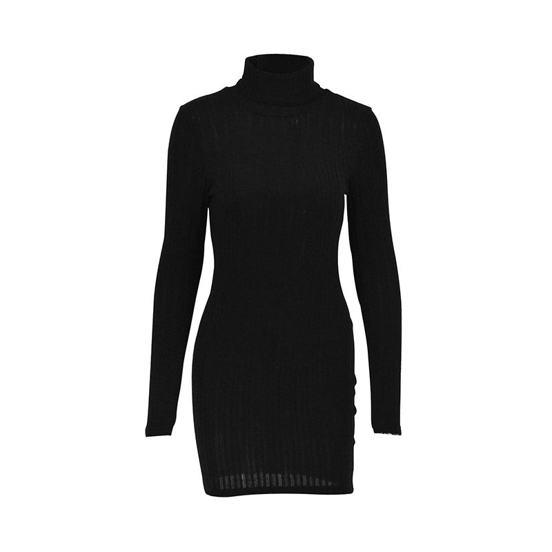 Solid Dresses Autumn Winter New Women Long Sleeves Turtleneck Sexy Bodycon Sheath Mini Dress Club Elegant Party Knitted Dresses