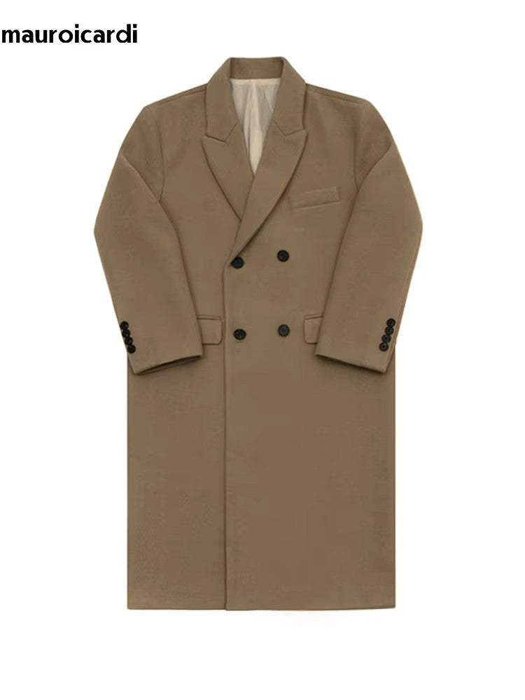 Mauroicardi Autumn Winter Long Warm Camel Black Woolen Coat Men Double Breasted Korean Style Wool Blends Overcoat with Back Slit