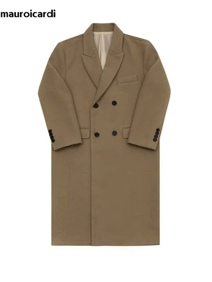 Mauroicardi Autumn Winter Long Warm Camel Black Woolen Coat Men Double Breasted Korean Style Wool Blends Overcoat with Back Slit