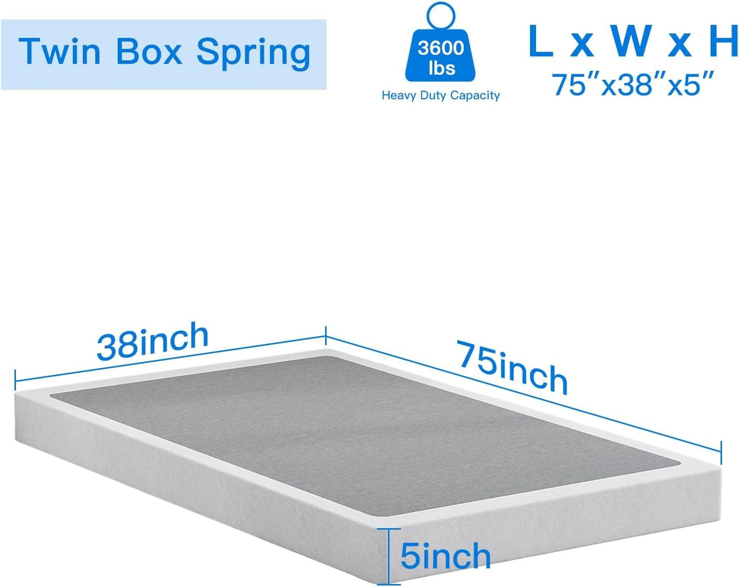 Box Spring de Casal 5 Polegadas para Cama de Solteiro, Suporte de Colchão de Metal para 3000 lbs com Capa de Tecido de Fácil Limpeza