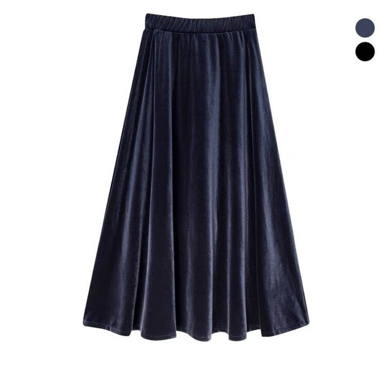 French Style Black Velvet Skirt For Women High Waist A-Line Velour Skirts Spring Autumn Simple High Street Long Skirts Plus Size
