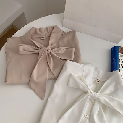 Bow Tie Chiffon Shirts Casual Long Sleeve White Blouse Women's Elegant Business Loose Blouses Ladies Spring and Autumn Chic Tops