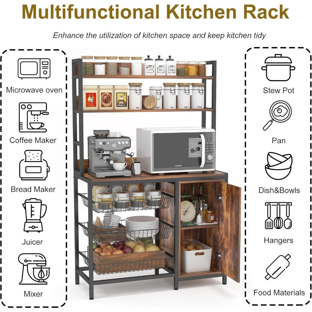 Armário de Cozinha com Cesto e Porta, Suporte de Micro-ondas Industrial, Prateleira de Armazenamento, Carrinho de Cozinha Independente