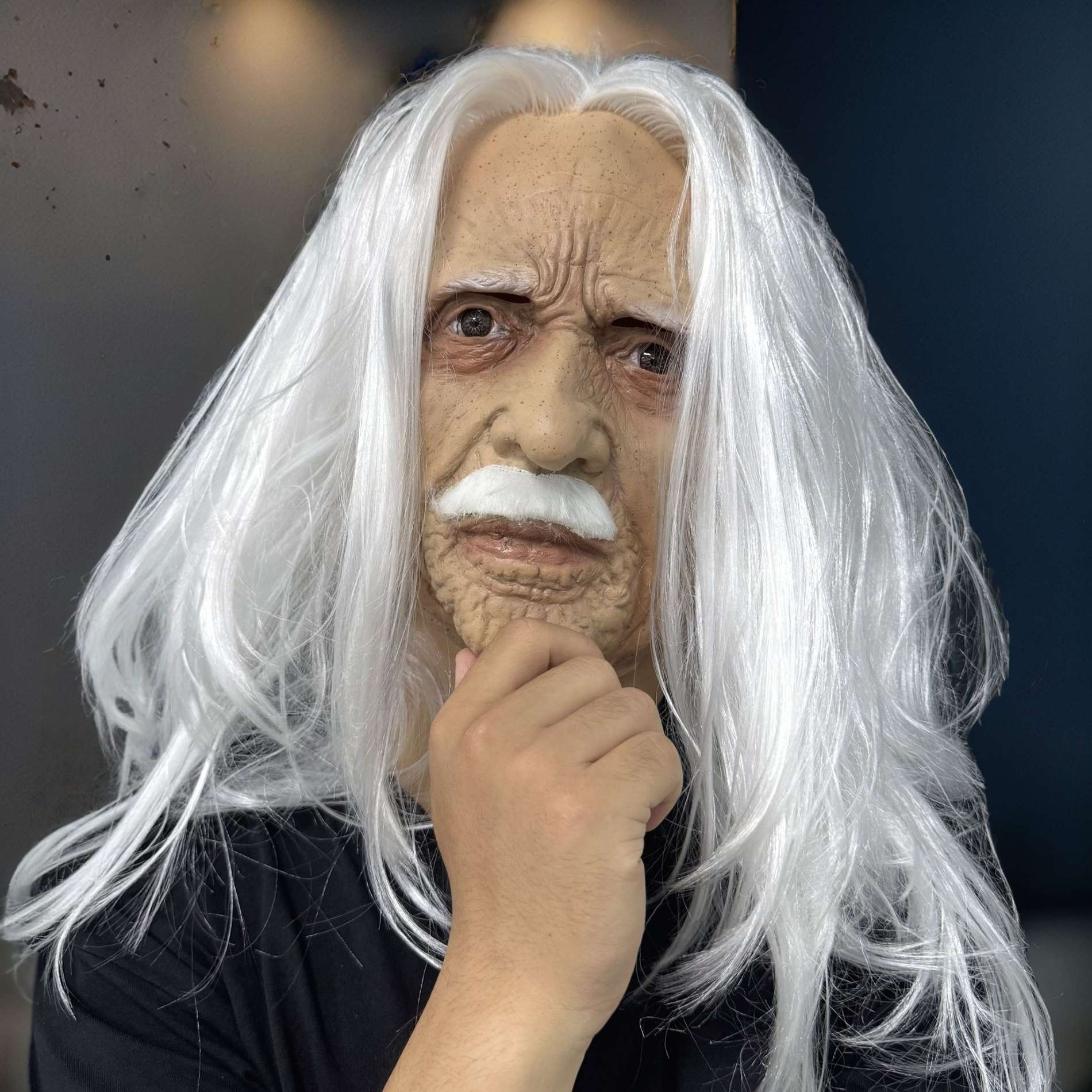 Realistic Old Man Latex Mask with Long White Hair & Mustache – Full Head Cosplay Helmet for Halloween Costume Party Props