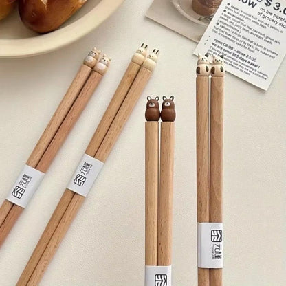 Hashis de Desenho Animado de Animais Fofos, Hashis de Madeira de Faia para Casais de Sushi, Utensílios de Jantar de Madeira Entalhados à Mão, Práticos e Bonitos