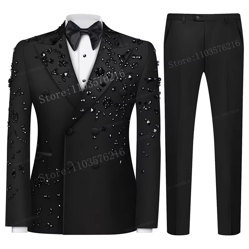 B02 Luxury 2 Pieces Set Men's Suits  Beaded Crystals Notched Lapel Groom Wedding  Formal Party Prom Tuxedo Wedding Groom
