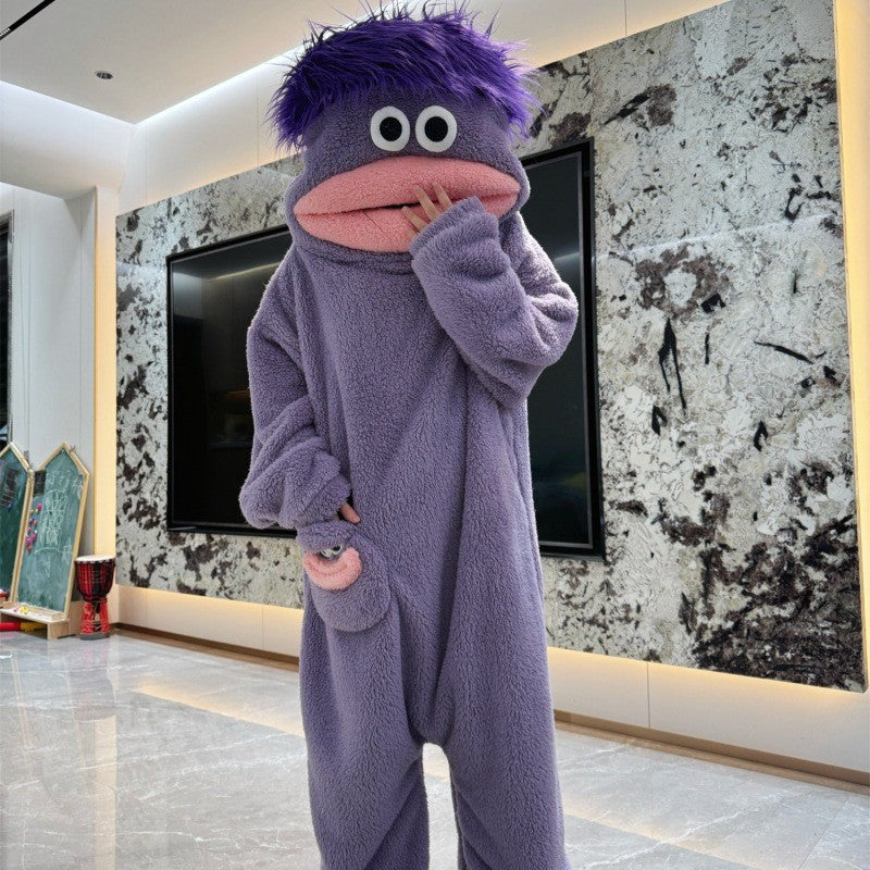 Funny Big Mouth Monster Onesie Pajamas Fluffy Coral Fleece Hooded Loungewear with Pocket Cartoon Party Costume