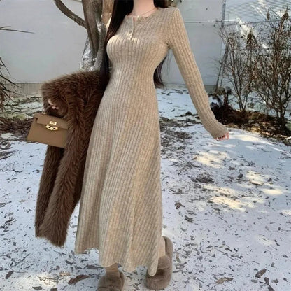 Long Sleeve Dresses Women Solid Slim Basic Mid-length All-match Elegant Autumn Winter Vestidos Female Defined Waist Knitting New