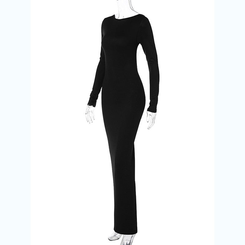 Hugcitar Spring Elegant Long Sleeve Backless Solid Cuched Sexy Bodycon Maxi Prom