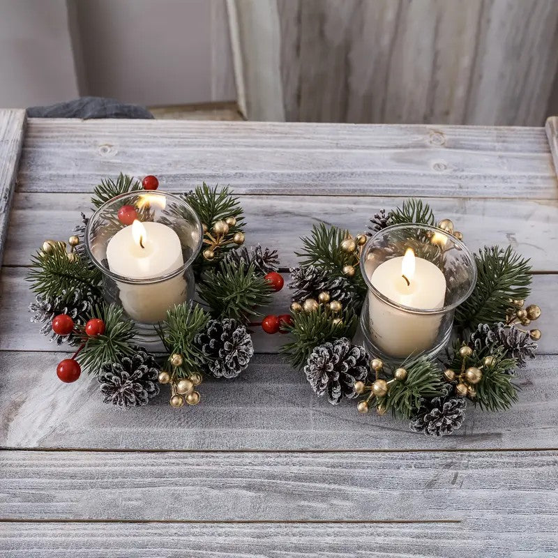 1/2pcs Christmas Candle Holders with Artificial Pine Branches & Berries New Year Tabletop Home Decorations Candle Wreath Gifts