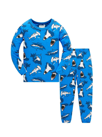 Age 1-8 Kids Sleepwear 4 Seasons  Cotton Full Print Cartoon Shark Pajamas Boys  Daily Basic Long Sleeved Soft Loungwear Set