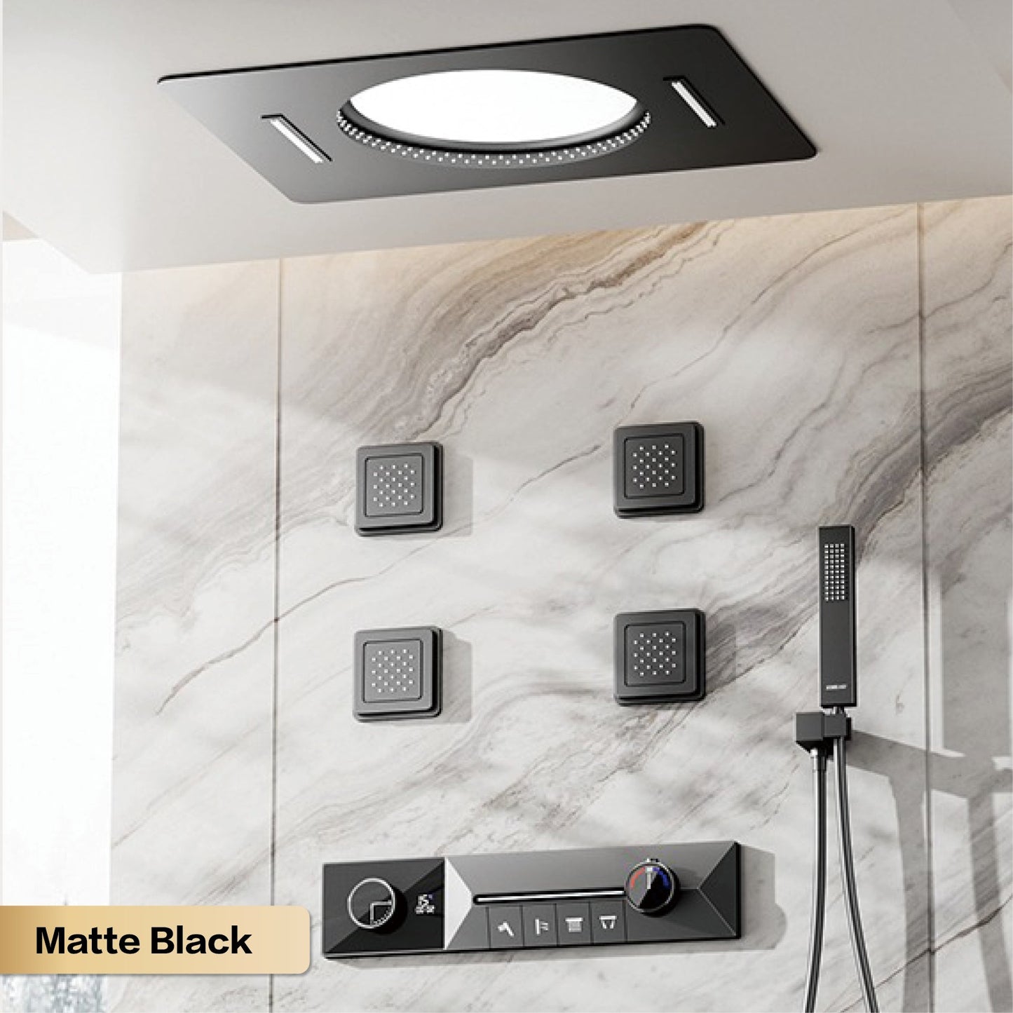 AITANA sistema de chuveiro de luxo em latão cinza arma, embutido no teto, com temperatura constante e display digital LED, torneira de banheiro com água quente e fria