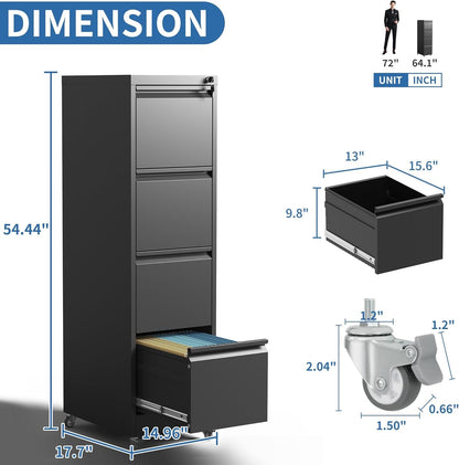 4 Drawer Mobile File Cabinet, Metal Filing Cabinet with Lock and Wheels, Home Office Rolling File Cabinets for Legal/Letter