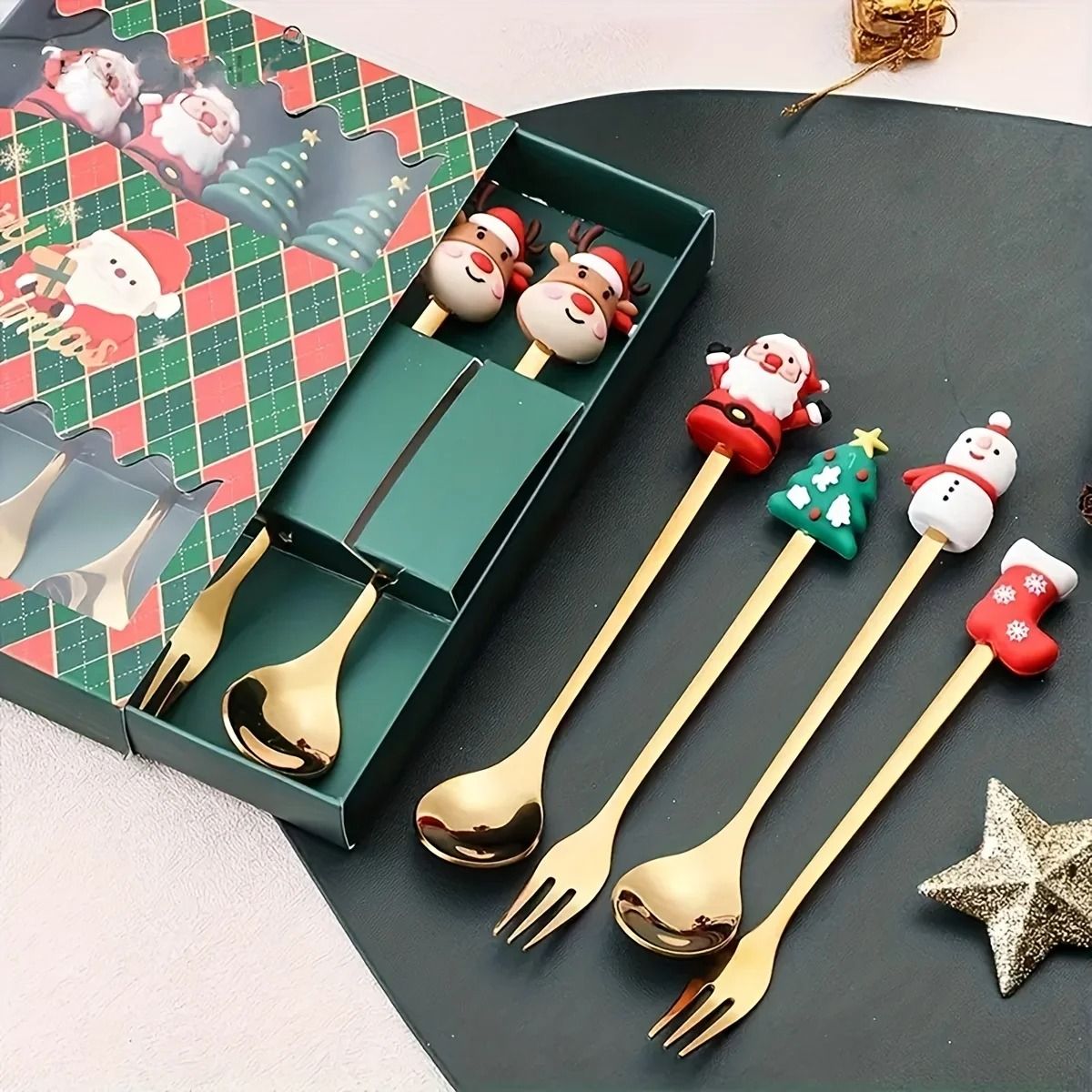 Conjunto de 6 Garfos e Colheres de Natal em Aço Inoxidável, Talheres Criativos para Café, Chá, Sobremesa, Conjunto de Presente