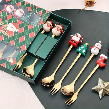 Conjunto de 6 Garfos e Colheres de Natal em Aço Inoxidável, Talheres Criativos para Café, Chá, Sobremesa, Conjunto de Presente