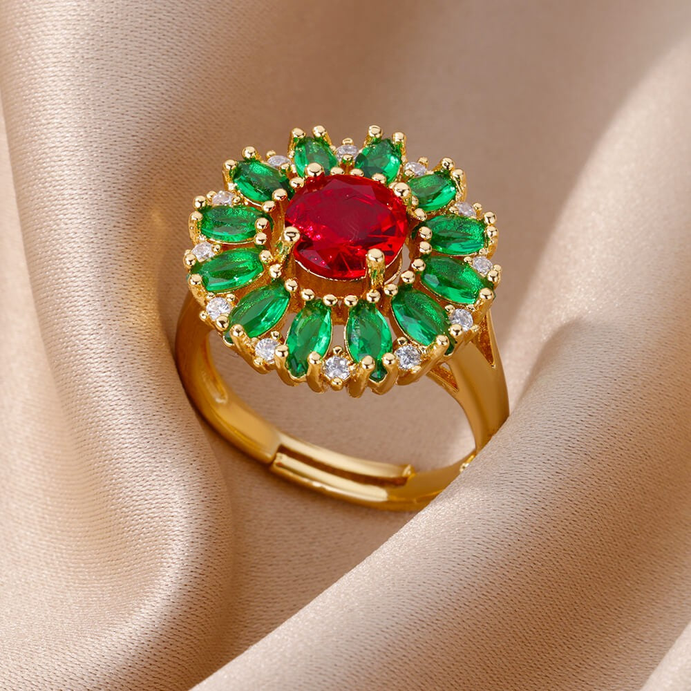 Anéis de Luxo em Aço Inoxidável Banhado a Ouro Pedra Colorida Zircônia Cristal Coração Anel Feminino Casamento Joias Boho Presente de Natal