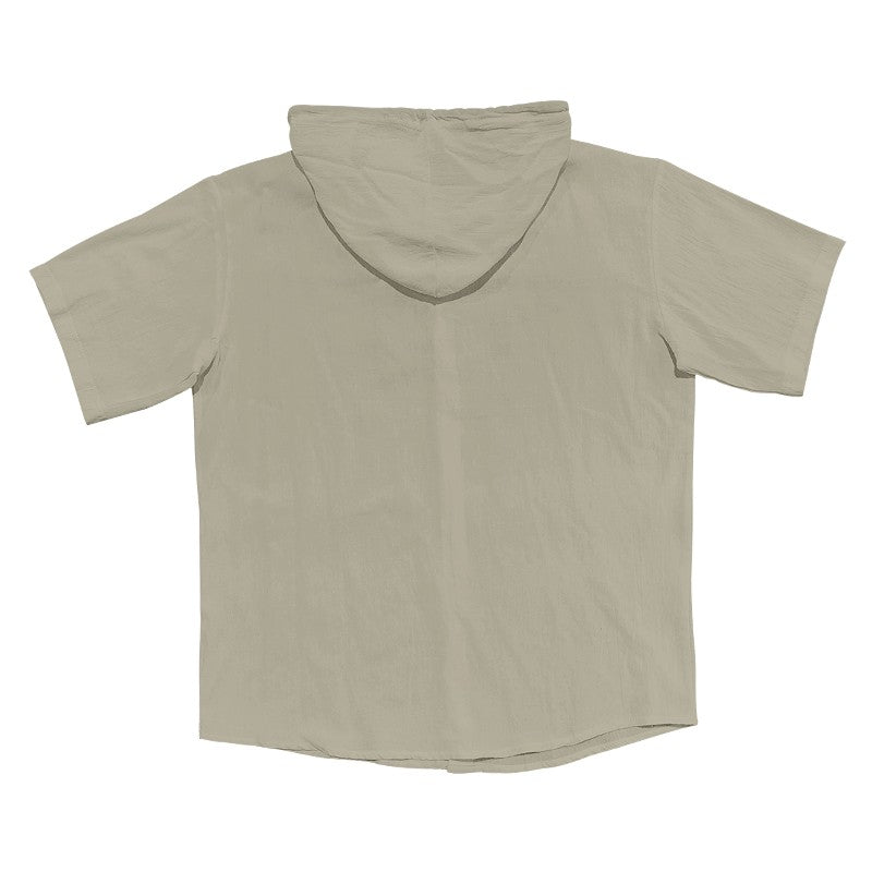 Summer cotton linen men's short sleeved shirt in US size solid color hooded casual T-shirt plus size men's clothing