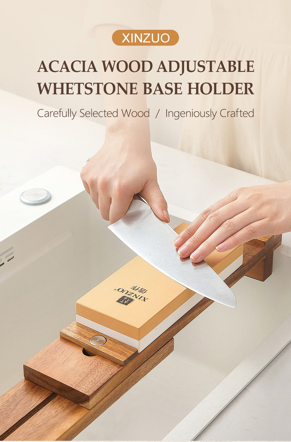 XINZUO Acacia Wood Whetstone Base Holder Adjustable Telescopic Solid Knife Sharpening Block for Kitchen Knives