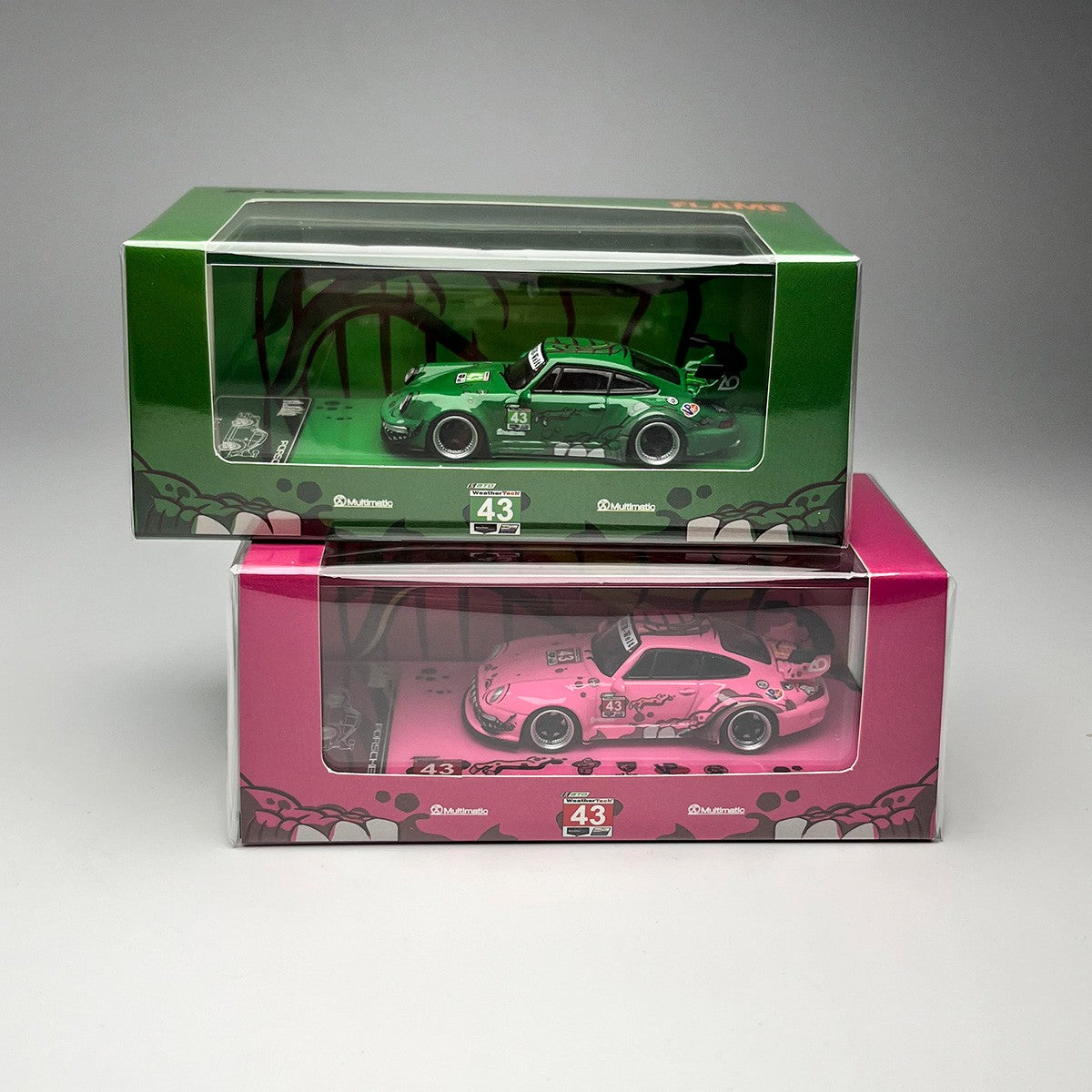 In-Stock Flame 1:64 Rwb 993 964 Pink/Green Dinosaur Paint Simulation Alloy Miniature Die-Cast Car Model Custom Children Toy Gift