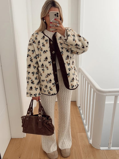 Casual Printed Short Fleece Jacket Women Fashion Round Neck Single Breasted Pocket Loose Jackets Lady Daily Commute Office Coat