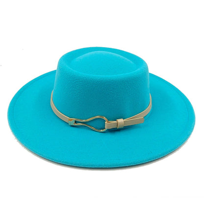 Acessórios femininos de fivela de couro metal com chapéu de feltro de pele com top côncavo e convexo, chapéu fedora e conjunto de bolsa combinando, estilo retrô