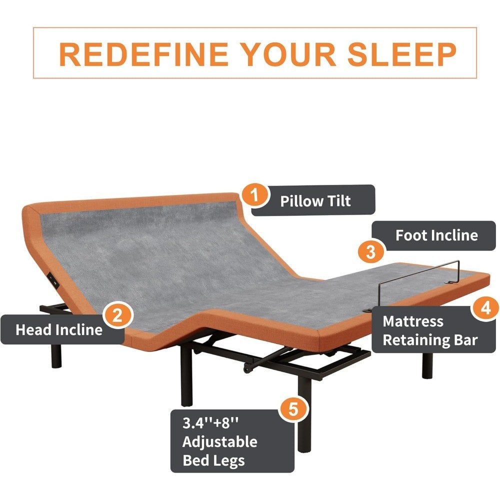 Base Ajustável para Cama Box com Massageador, Inclinação para Travesseiro, Inclinação Ergonômica, Gravidade Zero, Porta USB Dupla, Luz Noturna