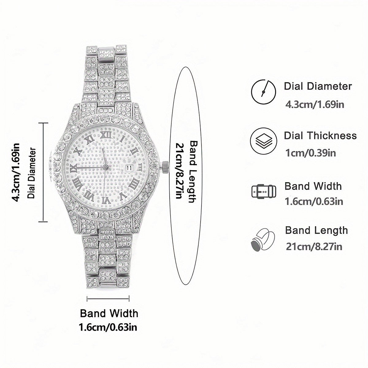 Hip-hop Punk Quartz Watch Stylish Full Diamonds Watch 2 Styles to Choose Bundled Size Adjuster Men Women Party Jewelry Gift Box
