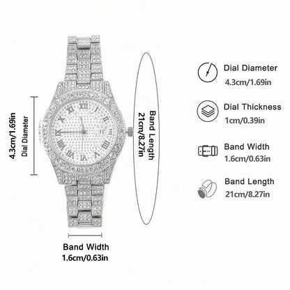 Hip-hop Punk Quartz Watch Stylish Full Diamonds Watch 2 Styles to Choose Bundled Size Adjuster Men Women Party Jewelry Gift Box