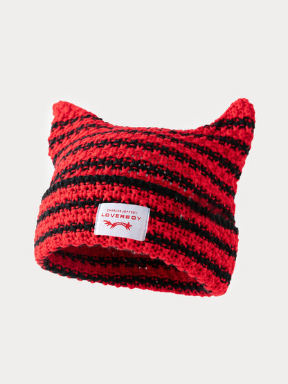 Y2K Handmade Stripe Knit Beanie Hat Cat Ears Cold Hat Winter Men Female Warm Crochet Hat Kawaii Designer