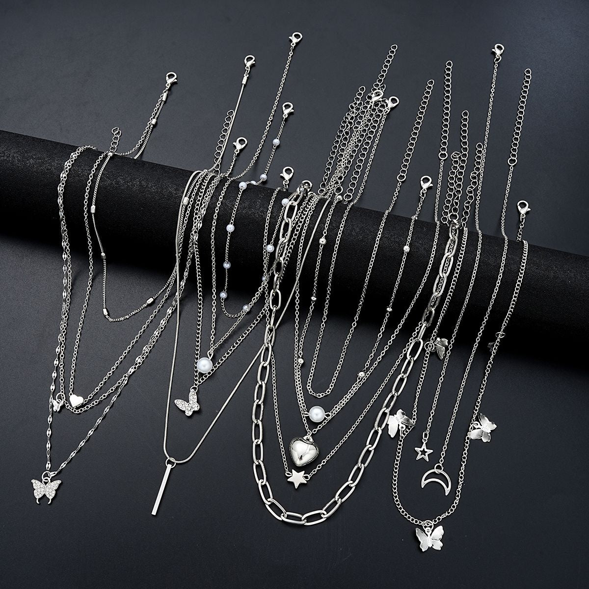 Conjunto de Colares 13 Peças/Kit Temperamento Simples Borboleta Pérola Coração Estrela Zircônia Cor Prata para Mulheres Joias da Moda de Presente