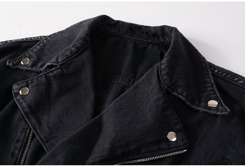Sokotoo Men's zippers black biker jean jacket Streetwear thick denim slim coat with belt High quality