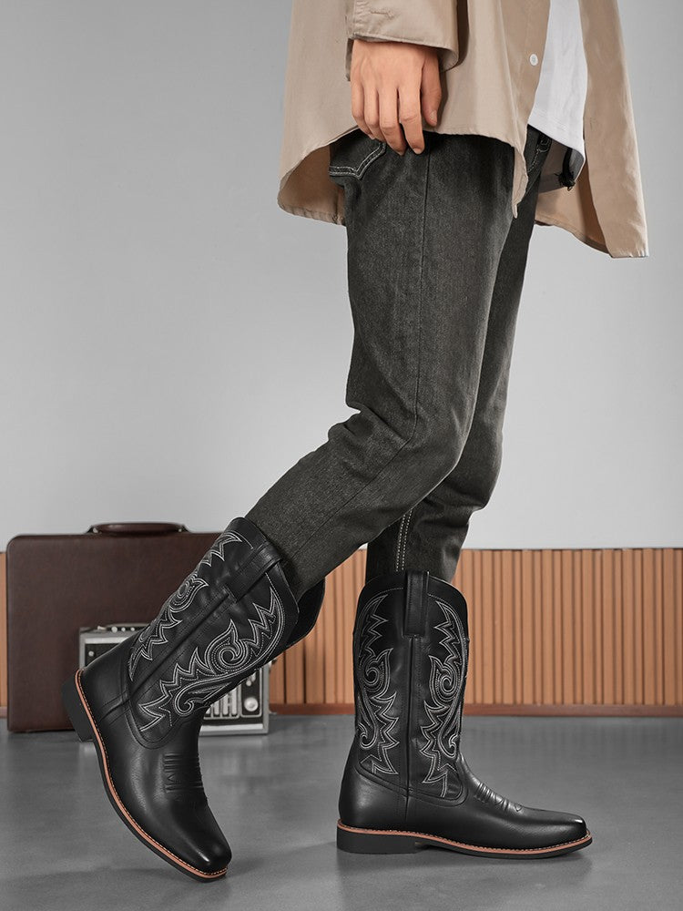 Men's Creative Pattern Embroidered Vintage Lace-Up Boots Wide-Toe Men's Cowboy Boots High-Top Riding Boots Extra Large Sizes