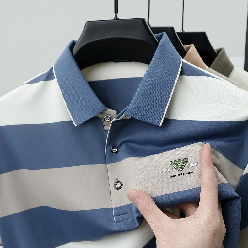 luxury wide stripe color blocked short sleeve polo shirt high-end brand letter embossed T-shirt fashion breathable men's wear