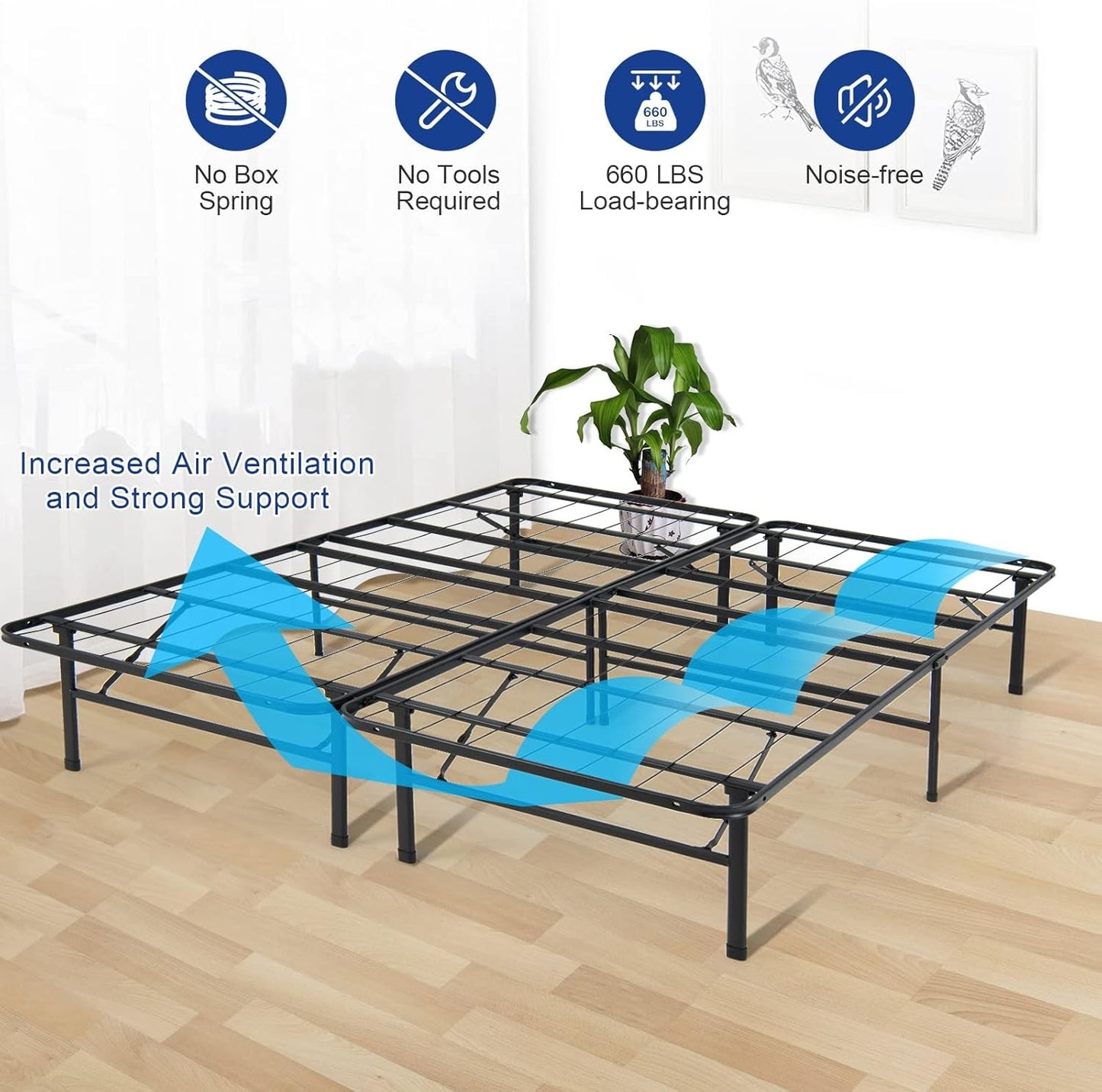 Estrutura de Cama Plataforma Dobrável de Metal, Base de Colchão com Ripas de Aço Reforçado de 13 Polegadas com Armazenamento Embaixo da Cama, Montagem sem Ferramentas