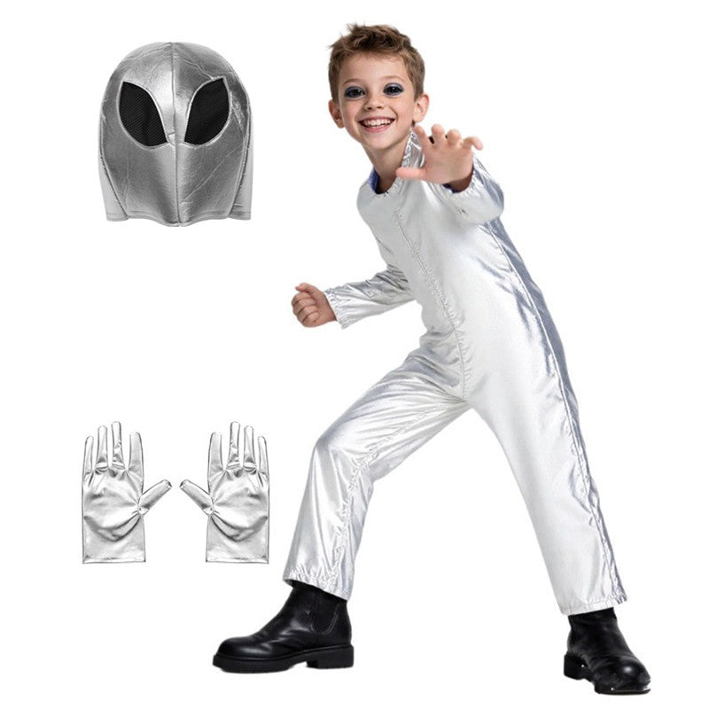 Kids Alien Cosplay Costume Space Travel Astronaut Jumpsuit Halloween Performance Outfit for Boys and Girls with Hat, Gloves