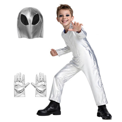 Kids Alien Cosplay Costume Space Travel Astronaut Jumpsuit Halloween Performance Outfit for Boys and Girls with Hat, Gloves