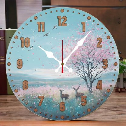 Natural Scenery Wooden Round Silent Hanging Wall Clock,Suitable For Living Room,Office,Study Room,Bedroom,Home Decoration