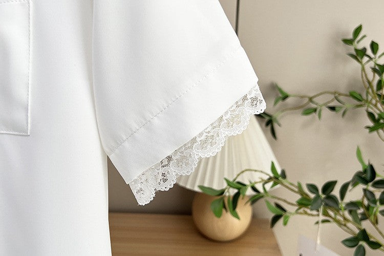 Plus Size Women's Summer New Style Lace Sleeve V-Neck Short Sleeve Shirt Fresh And Elegant Fashionable Blouse Polyester Fabric