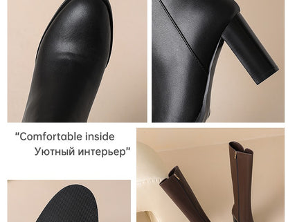 Ods Soft Cow Leather Black Knee High Boots Chunky Mid Heels Zipper Women's Long Boot Big Size Luxury Designer Sexy Shoes 4143 46